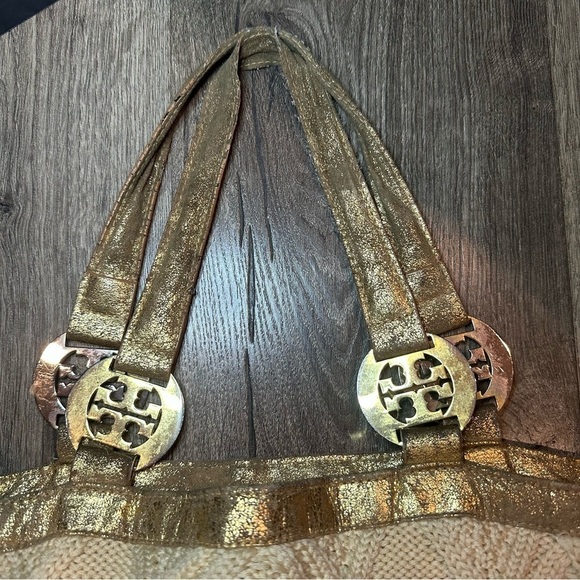 TORY BURCH Tote Bag Cable Knit METALLIC GOLD TRIM Wool Silk Lining Horse READ! - Picture 9 of 16
